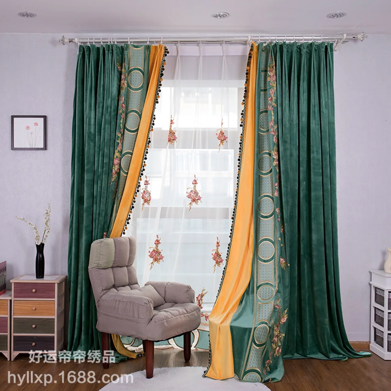 

High-Grade Curtains for Living Room Bedroom Shade Curtain Flannel Embroidered Window Left and Right Biparting Open