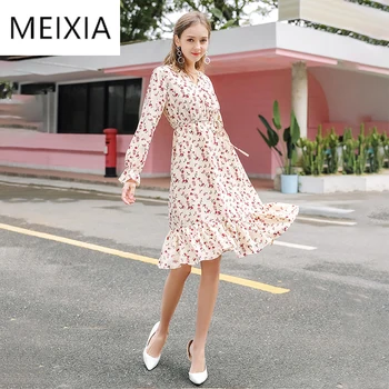 

MEIXIA 2020 Spring Women Dress Casual V-neck Flare Sleeve A-line Elastic Waist Ruffles Fashion Elegant Knee-Length Print Dress