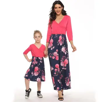 

Mommy and Me Matching Dresses Women Girls Floral Print V-neck Ankle-length Long Dress for Party Fashion Mother Daughter Clothes