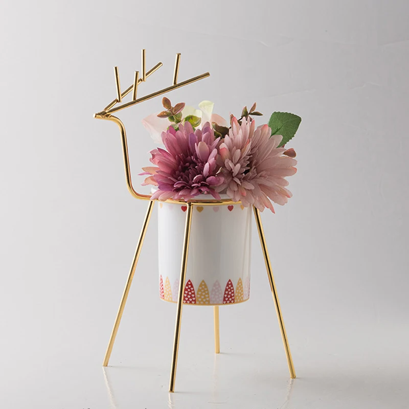 Скандинавский креативный керамический цветочный горшок в форме оленя, железная витрина, искусственная Цветочная ваза, горшок для суккулентов, домашний декор для рабочего стола - Цвет: Red A