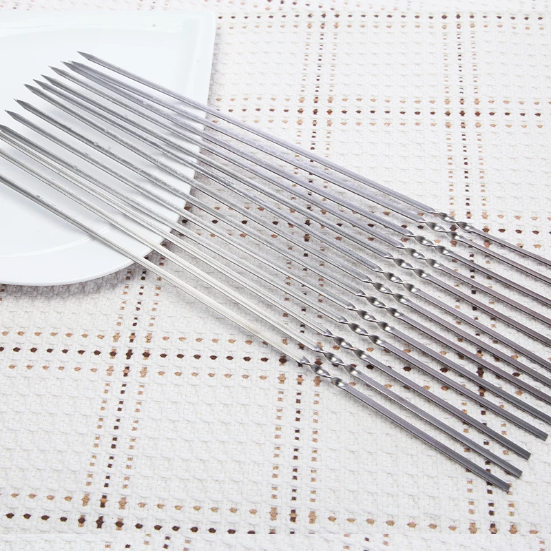 Stainless steel barbecue mutton skewer BBQ iron needle outdoor grill meat tool 50pcs flat 50pcs round 10pcs wood stick set