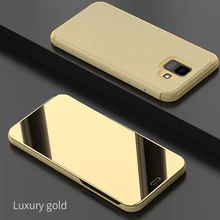 Luxo vista clara espelho de pé flip caso capa para samsung a6 inteligente sono vista flip awake capa