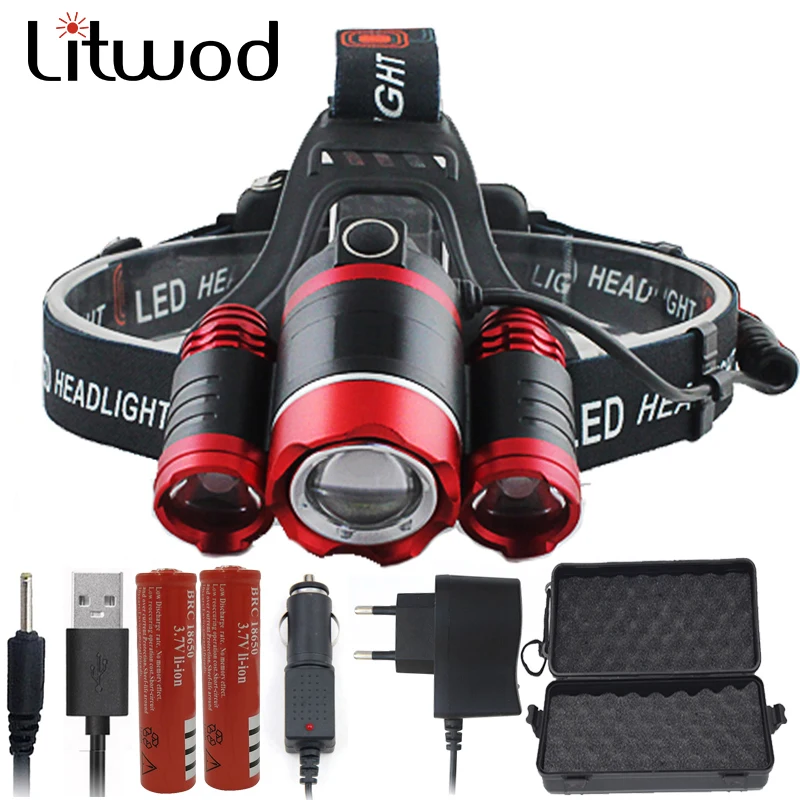 Litwod linterna frontal 2303REZ70 XM L T6, 3 Led, recargable con enfoque, batería de 18650
