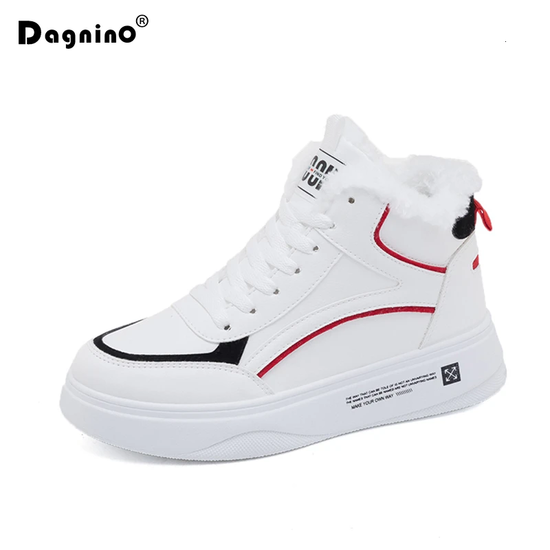 New Winter Platform Women Snow Boots Woman White Warm Plush Thick Bottom Sneakers High Top Flat PU Leather Casual Shoes