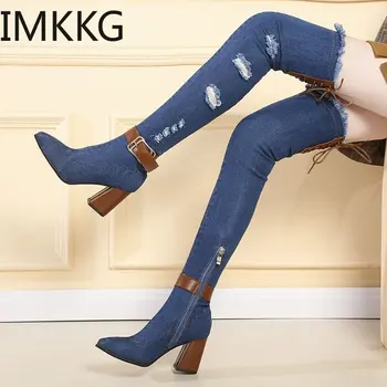 2020 Womens Denim Over The Knee Boots 지적 발가락 두꺼운 하이힐 신발 여성 캐주얼 술 컷 아웃 청바지 Long Botas Mujer