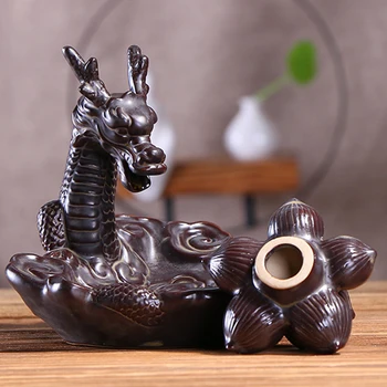 

Ceramic Dragon Backflow Cone Incense Burner Holder Cones Home Lotus Waterfall