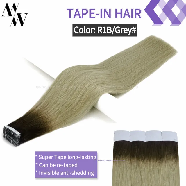 MW Double Drawn Remy Tape In Human Hair Extensions 100% Real Skin Weft Adhesive Glue On Seamless Natural Hair 16/20/24 Inches R1B-GREY