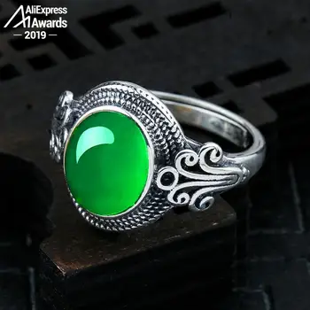 

10*8mm 6.18 Sale S925 Sterling Silver Australia Emerald Rings Jade moldevite Chinatown oriental Retro Chalcedony Jade