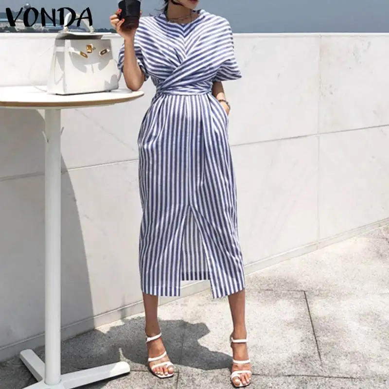 VONDA Elegant Striped Dress Women Casual O Neck Short Sleeve Mid-Calf Dresses Bohemian Beach Sundress Plus Size Loose Vestidos VONDA Elegant Striped Dress Women Casual O Neck Short Sleeve Mid-Calf Dresses Bohemian Beach Sundress Plus Size Loose Vestidos