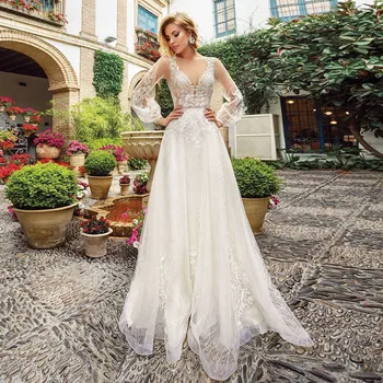 

Jewel Flare Long Sleeves Lace Appliques New Bridal Dress Buttons Back Custom Bridal Gowns Wedding Wear For Ladies Robe De Mariee