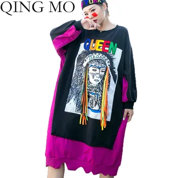 

QING MO Plus Size Character Print Women Dress 2020 Autumn Patchwork Sweatshirt Dress Tassel Pullovers Dress Black QYF088A