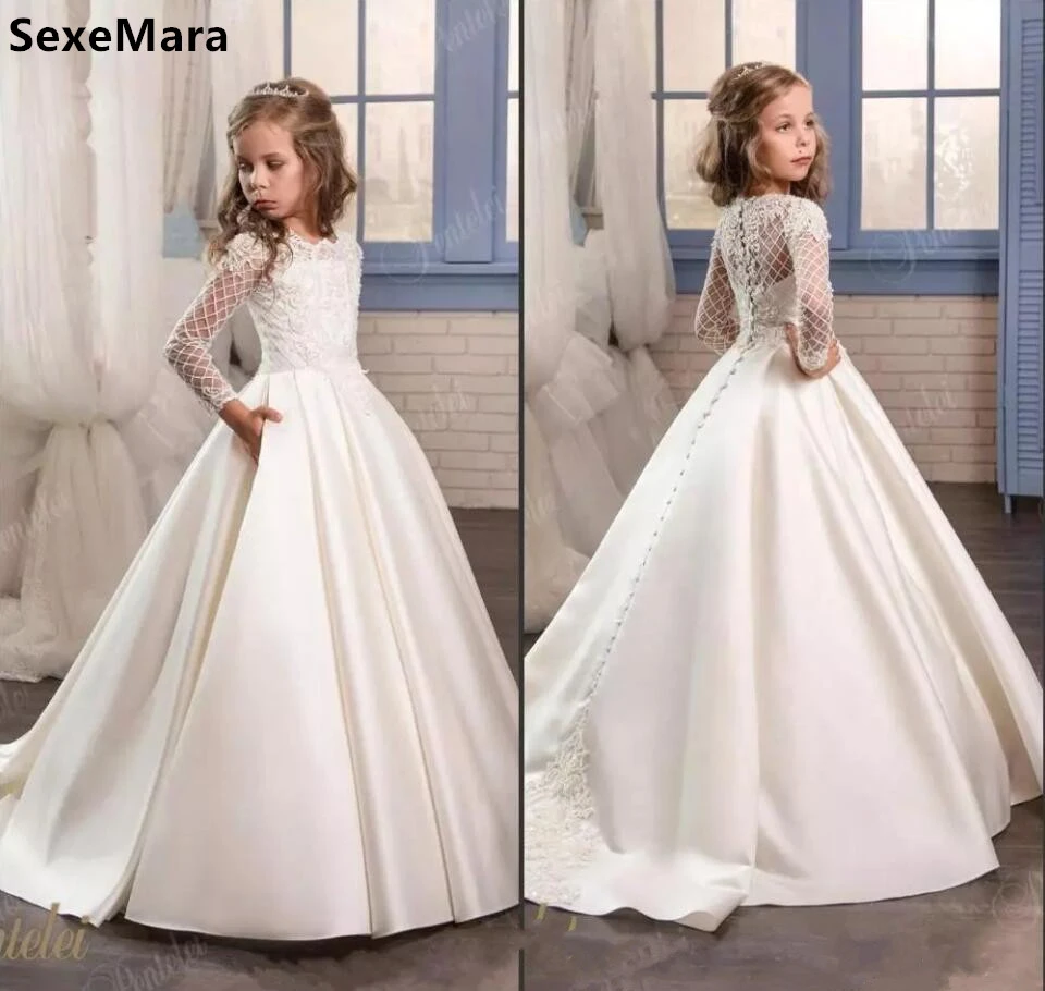 Robe Princesse Blanche En Dentelle A Manches Longues Robe De Concours De Premiere Communion Avec Boutons De Fete D Anniversaire Aliexpress