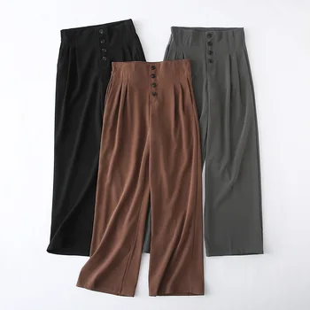 

women loose solid black wide leg pants high waist buttons office lady casual big sizes palazzo pants female long trousers
