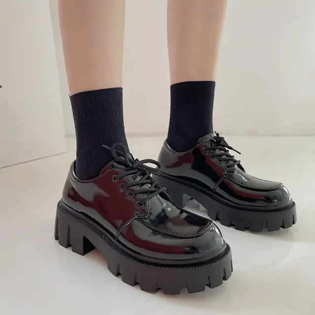 Black Vintage oxford platform Shoes Women Spring autumn Fashion Comfortable Leather Platform Oxfords Loafers Casual Boat Shoes black