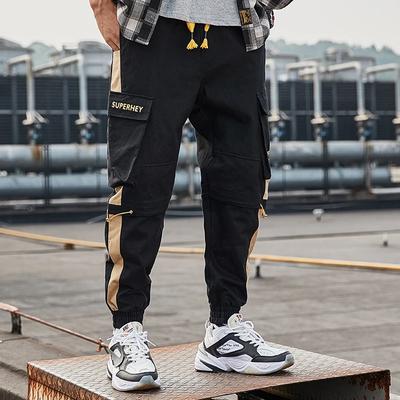 superdry cargo pants 2022 Spring Streetwear Joggers Men Orange Stripe Spliced Jeans Trousers Letter Design Jogger Mens Pants Brand Men Clothing slim fit cargo pants Cargo Pants