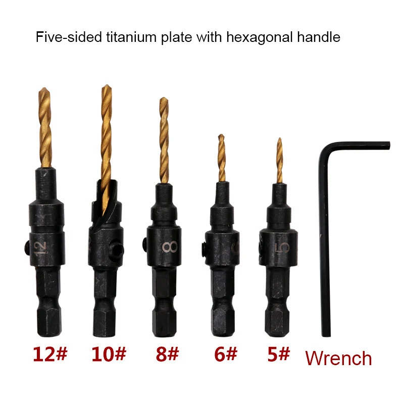 

1Set Woodworking Drill High Speed Steel Round Handle Titanium Plated Hole Opener Woodworking Reaming Countersunk Drill 5 Size h3