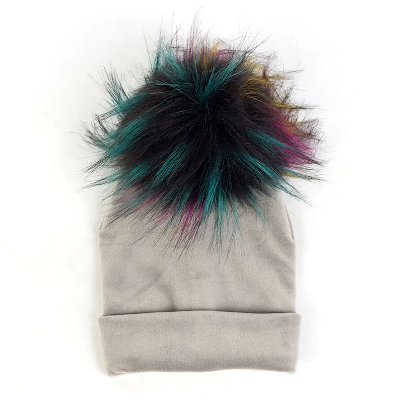 Geebro Newborn Baby Velvet Soft Thicken Beanies With Pom Pom Faux Fur Hairball Toddler Winter Warm Ear Hats Solid Color DK944 - Цвет: Light Gray23
