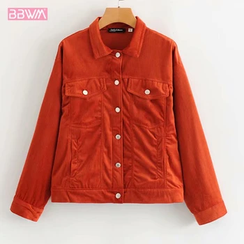 

2019 Autumn New Wine Red Corduroy Long-sleeved Women's Jacket Single-breasted Lapel Chic Tooling Female Coat Pocket Top