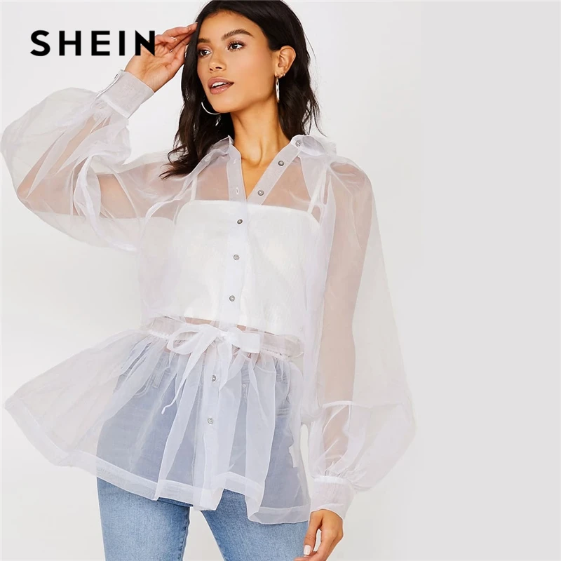 SHEIN, однотонная, с поясом, с баской, органза, Гламурная рубашка без бретелей, для женщин, осень, рукав-фонарик, с рюшами, для девушек, сексуальные блузки