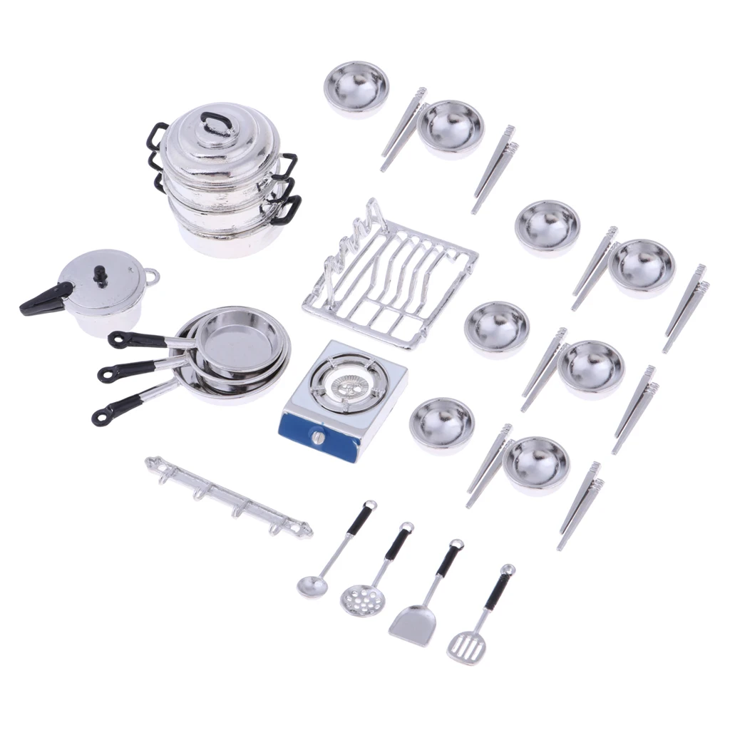 1:12 Dollhouse Miniature Metal Pots and Pans & Tableware Set Kids DIY Accessories