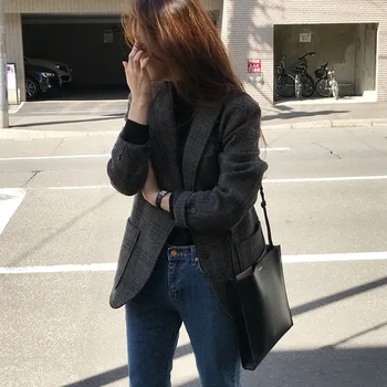 

Women Fashion Woolen Plaid Blazers Long Sleeve Temperament Elegant Small Suit Loose Single Breasted Jacket Spring Autumn New