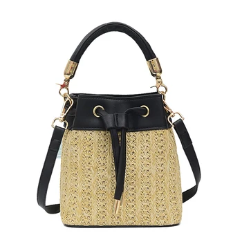 

Women Wild Straw Bag PU Bucket Beach Bag Fashion Color Block Tassel Shoulder Bags Tote Small Purse