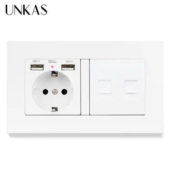 

UNKAS PC Plastic Panel EU Standard Wall Socket with 2 USB + Telephone Connector and RJ45 Internet Jack enchufe usb pared