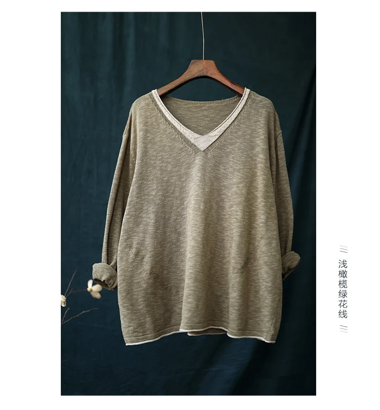 Autumn T-shirt Women Loose Knitting Fake two pieces Pullovers New Ladies Tops V-Neck Casual All-match T-shirt Tops