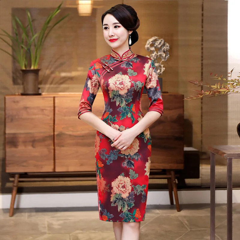 

2019 Autumn New Cheongsam Dress Improved Cheongsam Middle-aged Women's Mid-length Elegant Elegant Mom Chinese-style