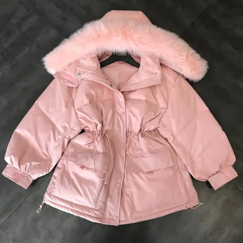 

Down Cloth Jacket Women Ew Winter Jacket Real Fox Fur Collar Hooded Drawstring Waist Large Pocket Long Down Womens Coat Winter