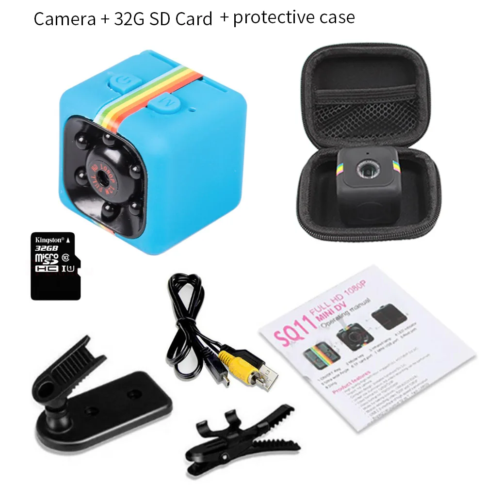 Blue 32G SD and Bag Мини-камера с ночным видением sq11 1080P HD, Спортивная видеокамера, видеорегистратор для движения, микро камера, Спортивная DV видео go, маленькая Экшн-камера SQ11 pro - Цвет: Blue 32G SD and Bag