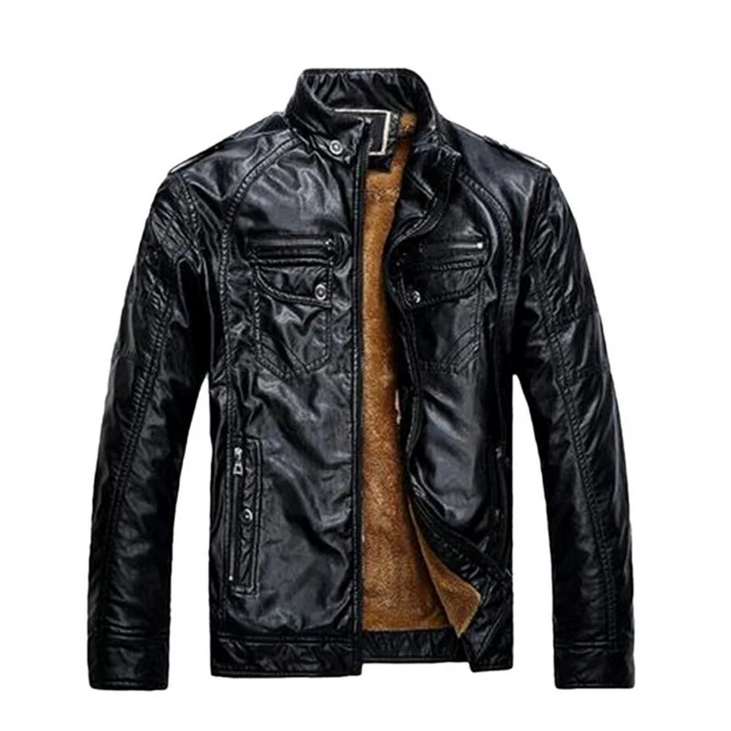 Роскошные кожаные куртки мужские осенние флисовые на молнии Chaqueta Cuero Hombre с карманами Moto Jaqueta Masculino Couro облегающее теплое пальто