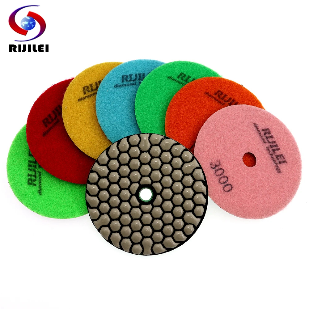 RIJILEI 7 Pieces/Lot 4 Inch /100mm Dry Polishing Pads Granite and Marble or Honeycomb Diamond Flexible Grinding Discs 4GM rijilei 7 pieces lot 3inch wet flexible polishing pad 80mm diamond polishing pads spiral type marble granite grinding discs 3ds2