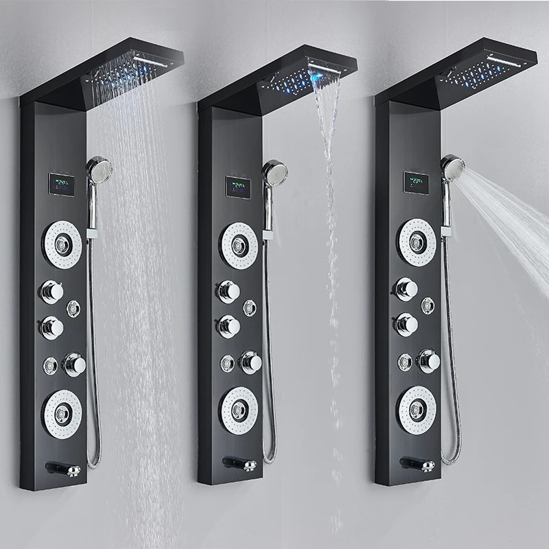 LED Shower Panel Tower System Rain Waterfall Shower Column Hydroelectricity LCD Display With Massage Body Spa Bath Faucet shower panel