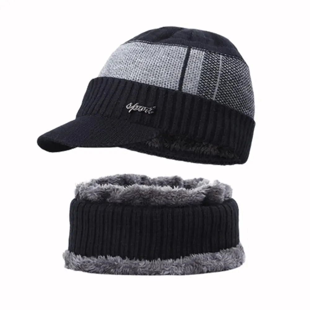 Black Set Теплая зимняя шапка унисекс, модная зимняя в стиле бини, шапка для мужчин и женщин, зимняя шапка, шерстяной меховой шарф, шапка, толстая вязаная шапка с козырьком - Цвет: Black Set