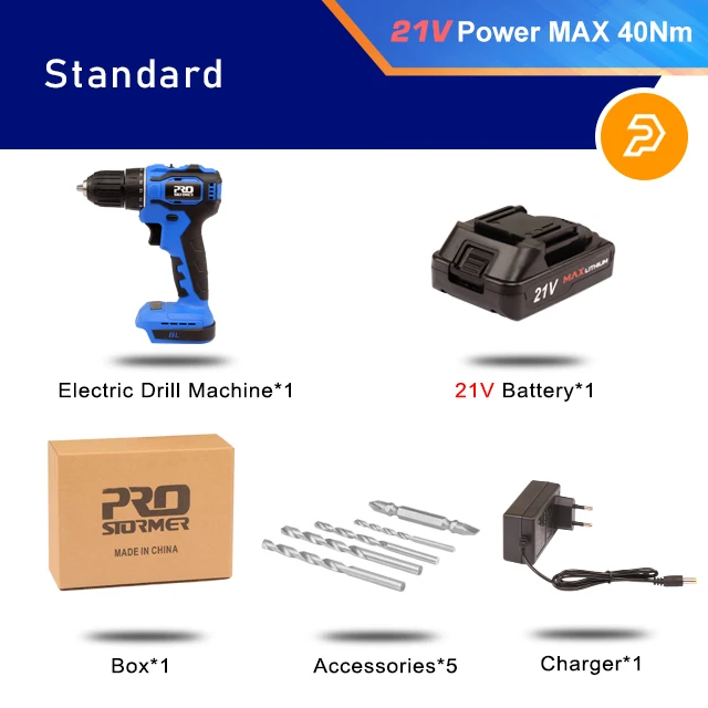 20V/21V Brushless Electric Drill 40NM/45NM Cordless Screwdriver Li-ion Battery Mini Electric Power Drill 5pcs Bit By PROSTORMER PTET003A