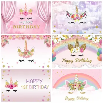

Laeacco Unicorn Birthday Party Backdrop Pink Curtain Baby Flower Child Family Party Portrait Photography Background Photo Studio
