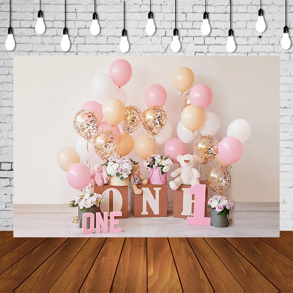 1st birthday backdrop for 1 year baby girl diy photo at home pink balloons toys cake smash photography background photoshoot