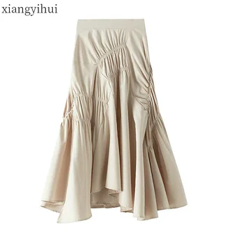 

Long White Pleated Women Maxi Skirts Ruched Fashion Summer High Waist Beige Skirt Solid Casual Pattern Women's Black Skirt