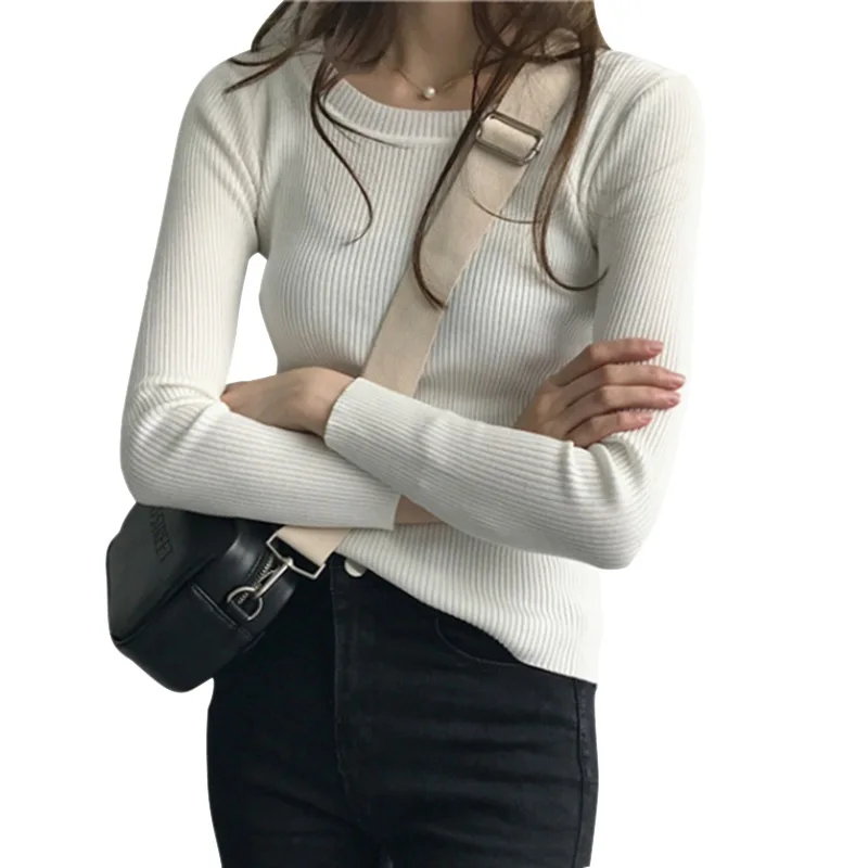 Свитер женский пуловер Джемпер топы тонкий круглый вырез теплый вязаный свитер модная женская одежда женский YI - Цвет: Белый