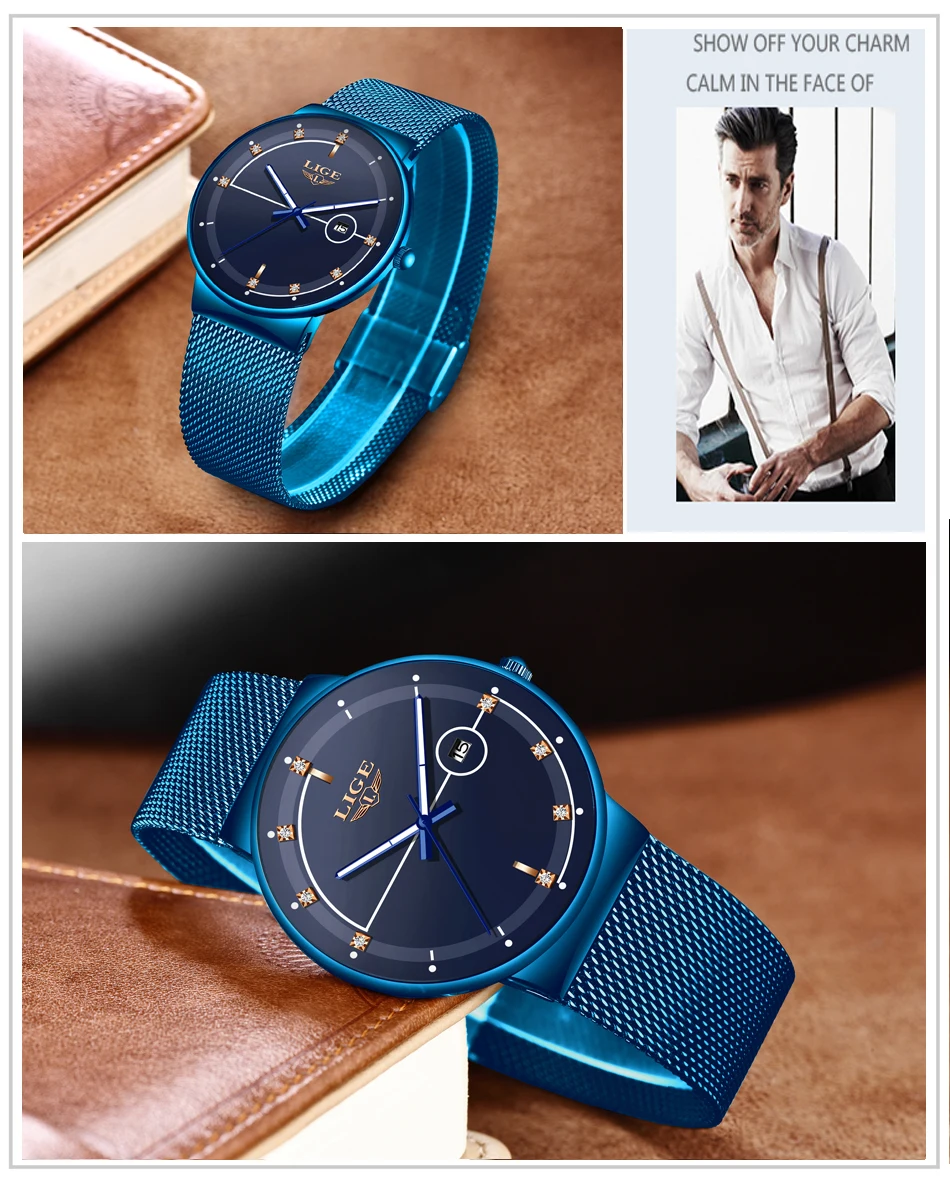LIGE, модные мужские часы, Топ бренд, Роскошные ультра тонкие кварцевые часы для мужчин, сетчатый ремешок, водонепроницаемые золотые часы, Relogio Masculino