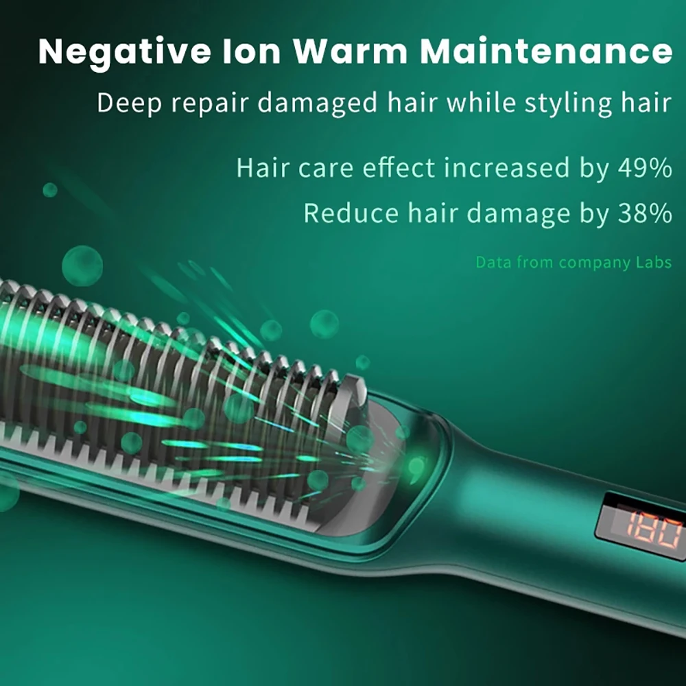 Green Pink Hair Straightener Brush Straightening Iron with Built in Comb 20s Fast Heating & 17 Temp Setting Anti-Scald Tool