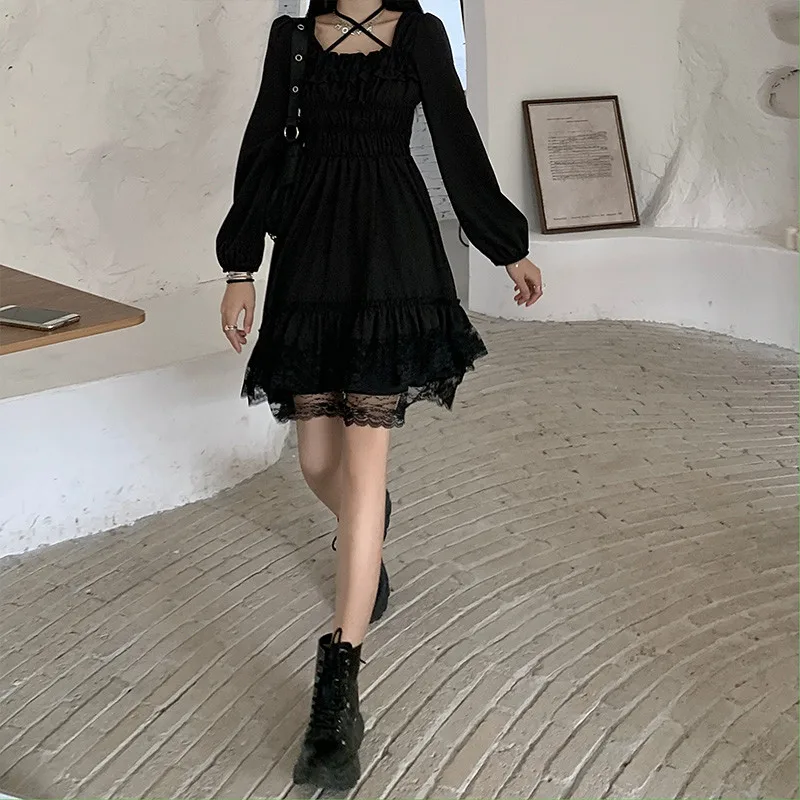 New Gothic Women Black Fairy Party Dress Cross Square Collar Lolita Princess Irregular Dress Cute Kawaii Lace Ruffles Chic Dress