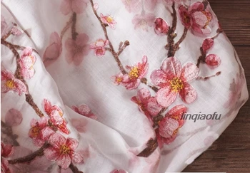 

Ethnic style ramie printed pink plum high-end clothing fabric High-end linen fabric