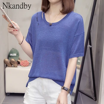 

2020 large size short sleeve knitted T-shirt female fat sister loose half sleeve top