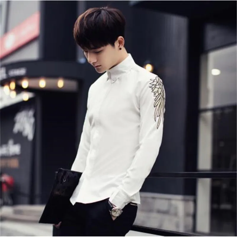Chemise Homme новая весенняя Однотонная рубашка с длинными рукавами и вышивкой Мужская корейская мода; Слим, повседневная мужская рубашка черного и белого цвета 3XL-M - Цвет: 1