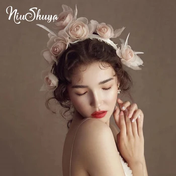 

NiuShuya Retro European Pink Rose Flower Crown Bridal Floral Headband Wreath Wedding HairBands Hair Accessories Women Diadem