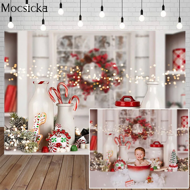 

Mocsicka Xmas Candy Photography Background Biscuit Porcelain Bottle Golden Bokeh Backdrop Child Portrait Decoration Props Studio