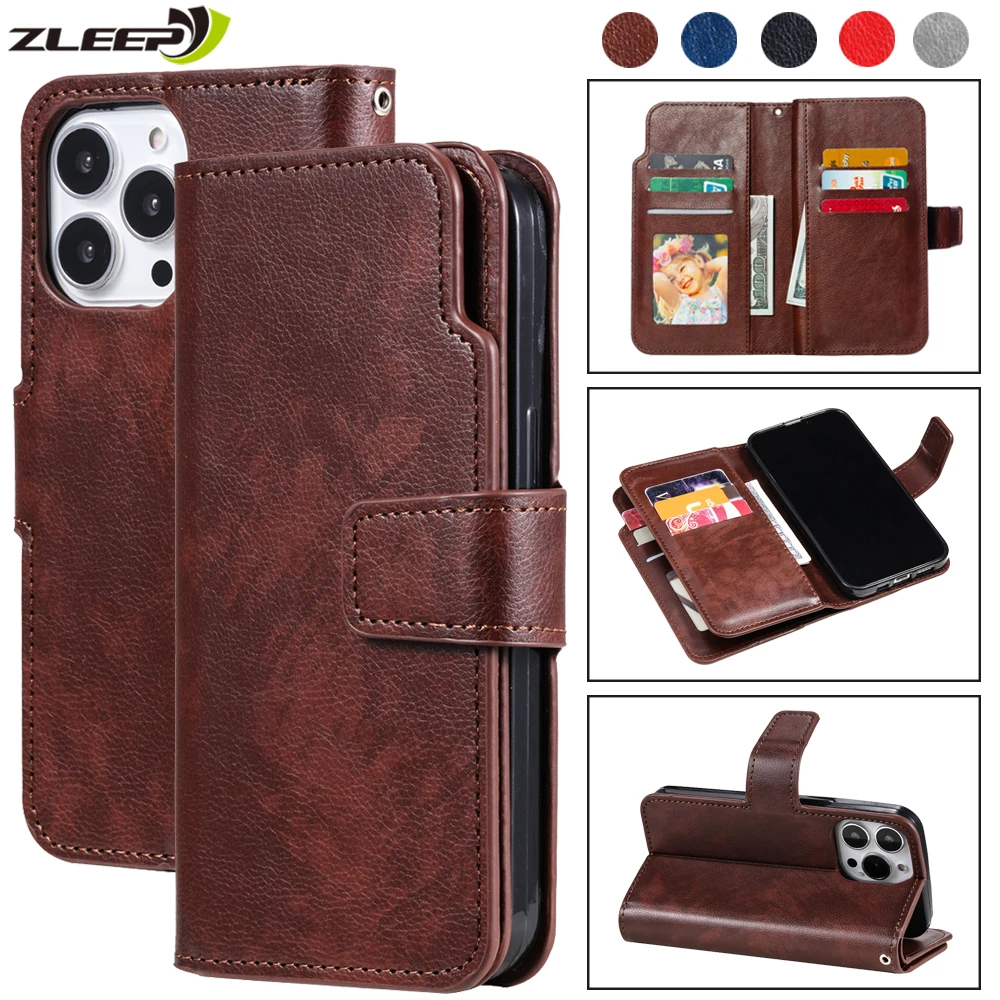 9 Card Leather Case For iPhone 13 12 Mini 11 Pro XS Max 6 6s 7 8 Plus 5 5s SE Flip Wallet Book Phone Cover Bags Shockproof Coque 11 phone case