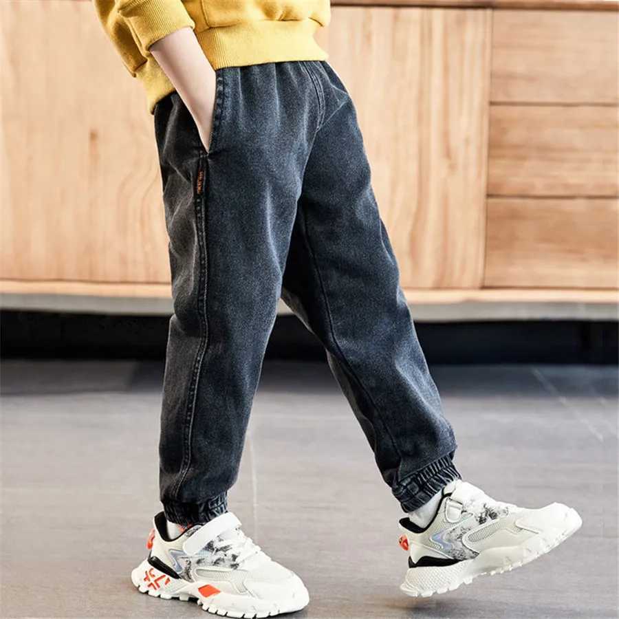 Boys Jeans Children Spring Autumn Korea Style Concise Ankle-Tied Pants Winter Velvet Thicken Warm Trousers For Boy